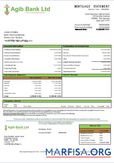 Printable Gambia Arab Gambian Islamic bank mortgage statement scr example